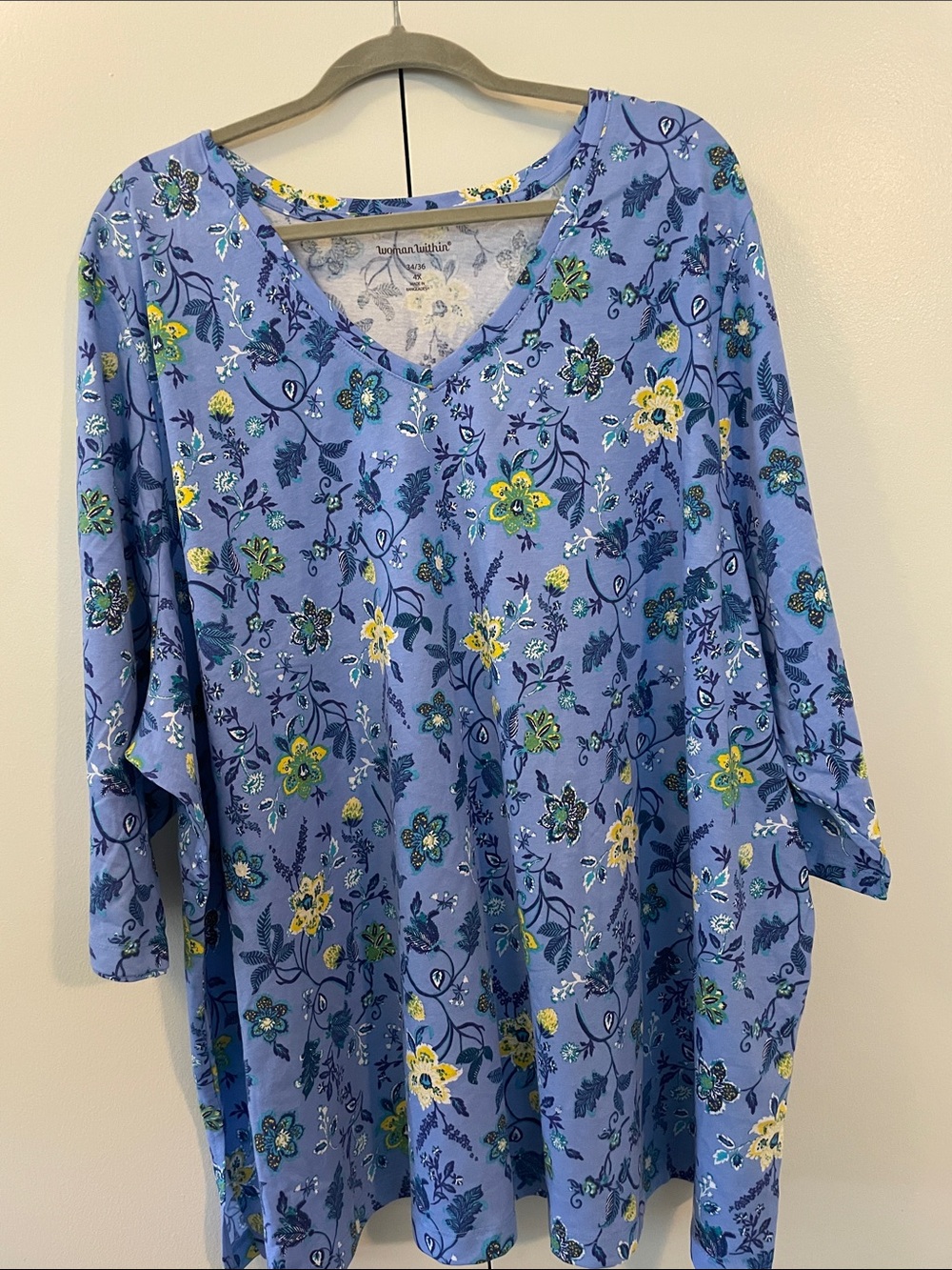 Woman Within Blue and Yellow Floral V-Neck Tunic